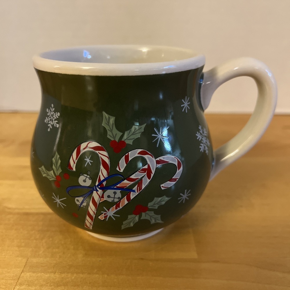 Longaberger Christmas Mug Green Candy Canes "All the Trimmings" Pot Belly Mug